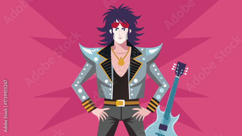A man in a leather jacket is holding a guitar. He is standing in front of a pink background