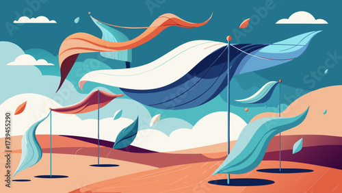 A colorful painting of a field with a large blue whale flying through the sky. The painting is full of vibrant colors and has a whimsical, playful feel to it