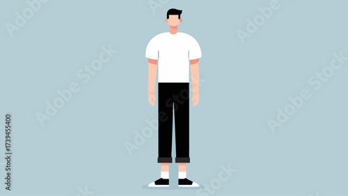 A man in a white shirt and black pants stands in front of a blue background. The image is a cartoonish representation of a man standing in a room