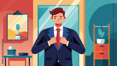 A man in a suit is getting ready to tie his tie. He is looking at himself in the mirror and he is in a hurry