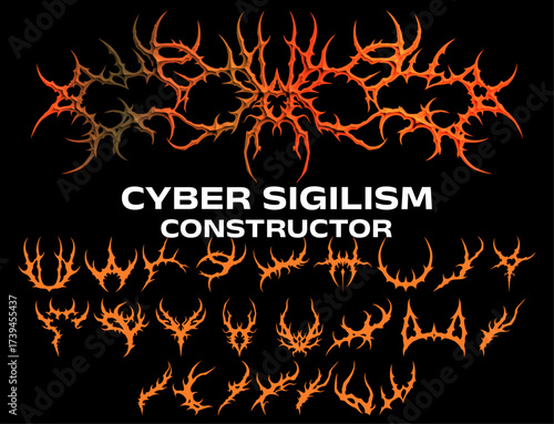 Cyber sigilism constructor, Set of various vector cyber sigilism design elements