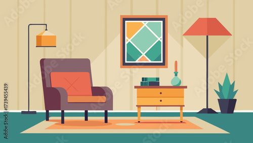 A cozy living room with a comfortable chair, a wooden coffee table, a floor lamp, a potted plant, and a vase. The room is decorated with a mix of colors and textures, creating a warm