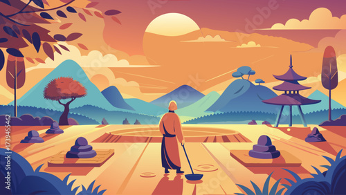 A man is standing in front of a pond with a broom in his hand. The sky is orange and the sun is setting