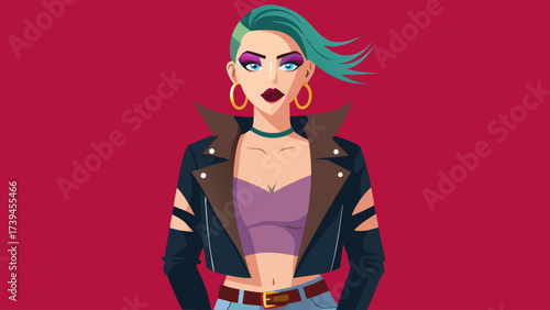 A woman with a green hairdo and purple top stands in front of a red background. She is wearing a leather jacket and a gold hoop earring