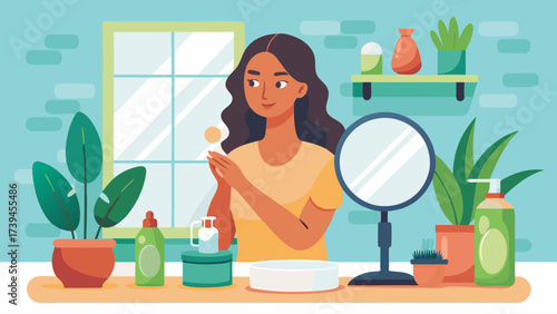 A woman is getting ready in a bathroom with a mirror and a potted plant. She is holding a bottle of lotion and a bottle of shampoo