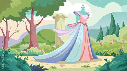 A dress is hanging on a mannequin in a forest. The dress is multicolored and has a flowy, elegant design. The forest setting creates a whimsical and magical atmosphere