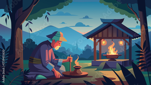 A man is sitting in the woods, cooking something. The scene is peaceful and serene, with the man surrounded by nature