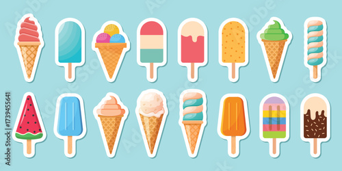 Ice cream sticker icon set collection in flat style. Tasty dessert vector illustration on isolated background. Sweet eating sign business concept.