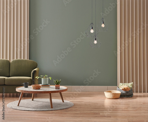 Green living room wall background with grey decorative chair, lamp frame middle table and poster style.