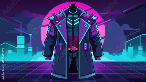 A man in a purple coat stands in front of a city skyline. The image has a futuristic and neon feel to it