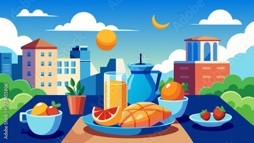 A cityscape with a table full of food and drinks. The table has a blue plate with a variety of food including fruit, sandwiches, and a cup of juice. There are also cups, bowls, and a vase on the table