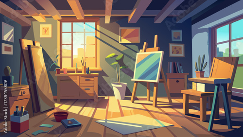 A room with a painting easel, a potted plant, and a chair. The room is filled with art supplies and has a creative atmosphere