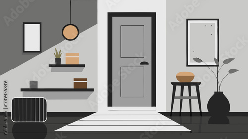 A room with a white door and a black vase with a plant in it. The room is empty and has a minimalist design