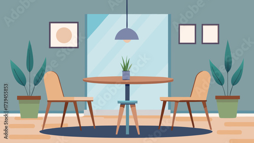 A room with a table and two chairs. The table is round and has a potted plant on it. There are two potted plants in the room, one on the left and one on the right