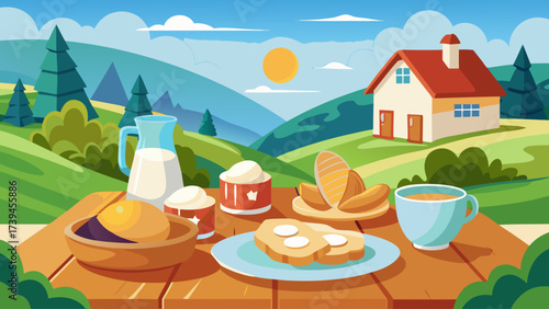 A table with a variety of food and drinks, including a pitcher of milk, a cup of coffee, and a plate of bread. The scene is set in a rural area with a house in the background