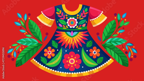 A colorful dress with flowers and leaves is displayed on a red background. The dress is decorated with a variety of flowers and leaves, giving it a lively and vibrant appearance