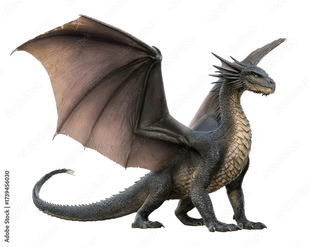 Fototapeta premium Majestic black stone dragon, powerful fantasy mythical creature. Isolated character in side view pose, legendary beast with an ancient, noble expression