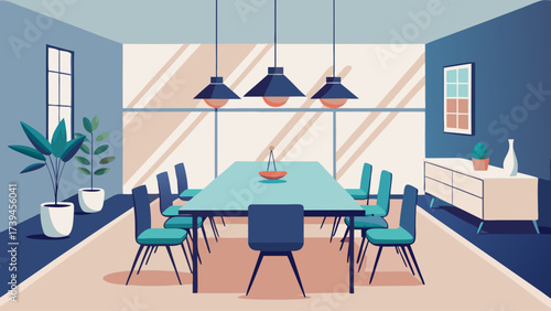 A blue and white room with a large table and many chairs. The table is surrounded by potted plants and a vase. The room has a modern and clean look