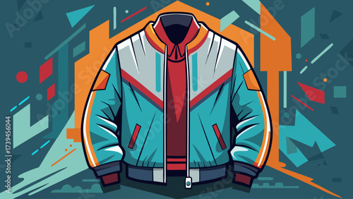 A jacket with a red hoodie and a white stripe. The jacket is on a blue background