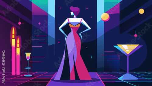 A woman in a dress is standing in front of a bar with a martini glass. The scene is set in a nightclub or a party