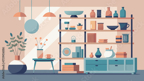 A room with a shelf full of books and a vase with flowers on a table. The room has a calm and peaceful atmosphere
