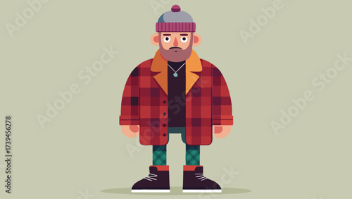 A man wearing a plaid jacket and a hat stands in front of a green background. He has a beard and a necklace around his neck