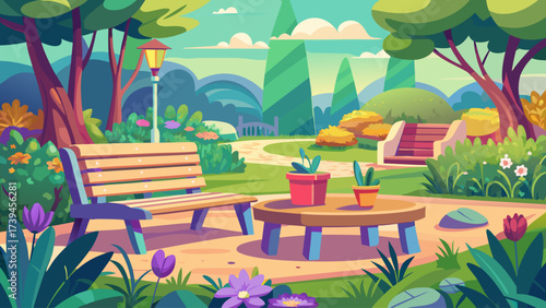 A park scene with a bench and a potted plant. The bench is empty and the potted plant is on a table. The park is full of trees and flowers, creating a peaceful and relaxing atmosphere