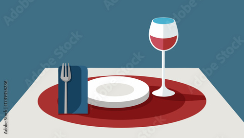 A wine glass and fork are on a table. The wine glass is half full and the fork is on a napkin. The tablecloth is red and white