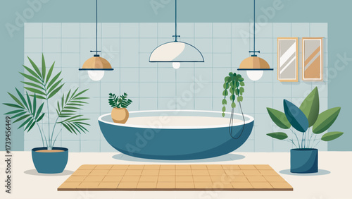 A bathroom with a bathtub, a potted plant, and a rug. The room is decorated with a blue bathtub and a green plant