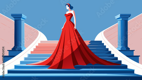 A woman in a red dress is standing on a staircase. The dress is long and flowing, and the woman is wearing a white headband. The image has a sense of elegance and sophistication
