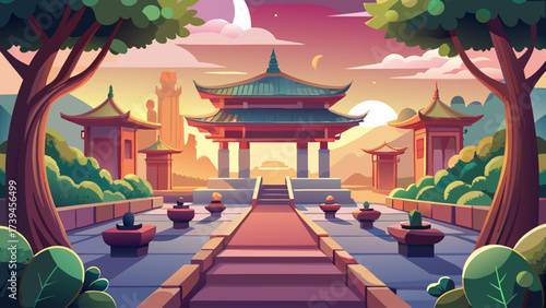 A beautiful landscape with a temple in the background. The sky is pink and the sun is setting