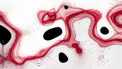 Abstract Red and White Fluid Art with Black Irregular Shapes Design