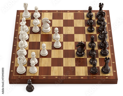 Playing chess with black and white pieces. 3D rendering