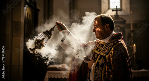Religious priest holding incense burner with smoke in church during ceremony