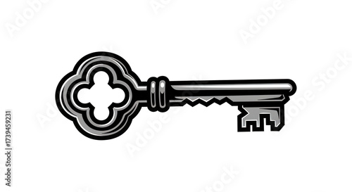 Clean illustration of a single gothic skeleton key made of dark metal, bold lines and simple shapes Isolated On Transparent Background	