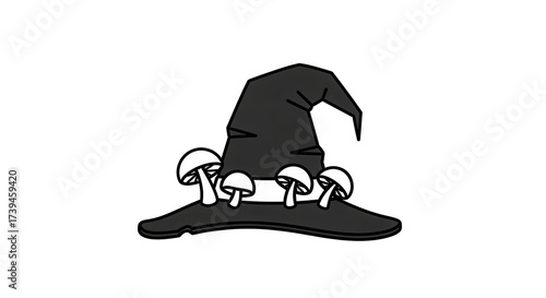 Icon design of a single pointed witch hat made of dark felt, decorated with a few solid, stylized mushrooms, clean outlines  Isolated On Transparent Background	