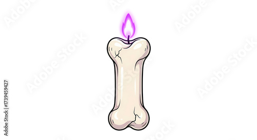 Illustration of a single, solid candle carved like a bone, with a solid, opaque magical purple flame Isolated On Transparent Background	