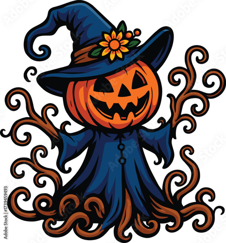 Smiling pumpkin scarecrow in witch hat with swirling magical smoke