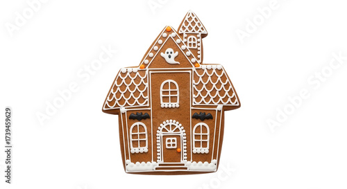 Product photography of a single gingerbread cookie shaped like a haunted house Isolated On Transparent Background