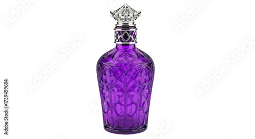 Product shot of a single gothic potion bottle made of opaque, glossy purple glass, with a silver stopper Isolated On Transparent Background