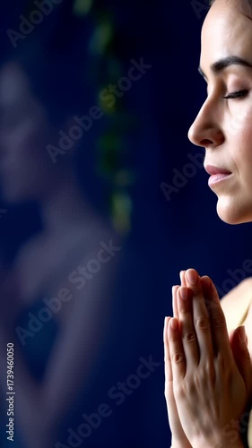 Woman, zen and eyes closed with namaste for meditation with peace for mental health, wellness and self care. Female person, profile and serious for mindfulness or calm to relax, break and wellbeing