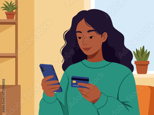 woman credit card phone home sofa online shopping
