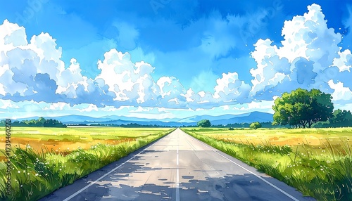 Picturesque Anime Journey Down a Straight Road Under a Vast, Cloud-Filled Summer Sky.