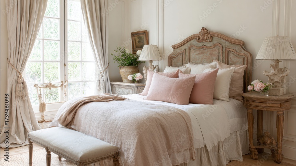 Fototapeta premium french eclectic country romantic bedroom full view, carved headboard, soft pink linen, long airy curtains, vintage lamps