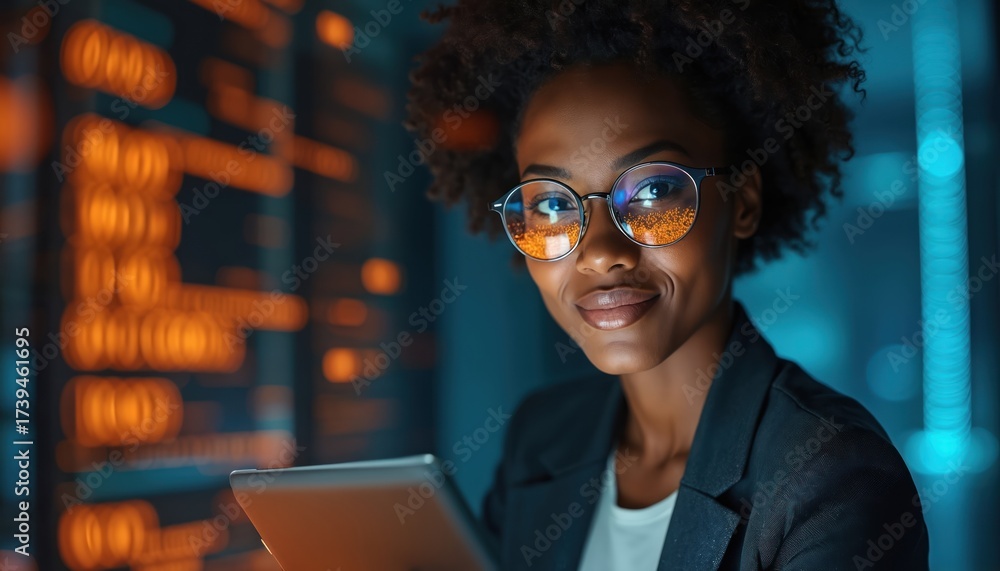 Fototapeta premium Black businesswoman smiles holding tablet computer. She wears glasses reflecting digital data. Blurred background shows tech interface with orange and blue lights. Futuristic office.