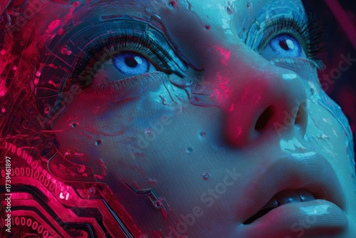 Futuristic cybernetic female face with digital circuits and glowing blue elements.