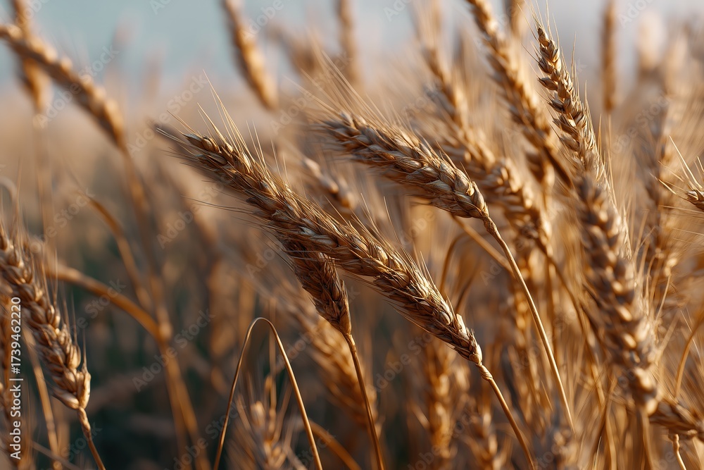 Obraz premium Golden wheat field closeup with shallow depth of focus highlighting textured grains in warm autumn light, evoking tranquility and rural harvest themes.