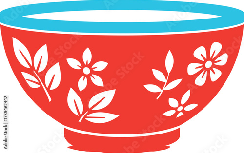 Decorative bowl vector with blue rim and floral leaf pattern for asian cuisine, kitchenware, traditional art, serving dish, cooking, and dining graphic design.