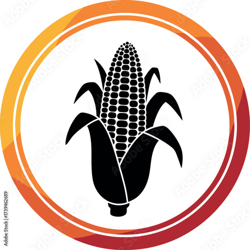 Black corn on the cob icon in a circular orange geometric frame for agriculture, harvest, farm food, healthy eating, autumn season, and natural grain graphic design.