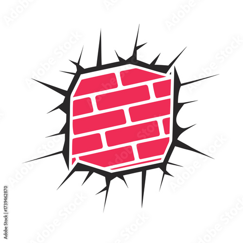 Red brick wall breaking through black jagged shards on white background vector